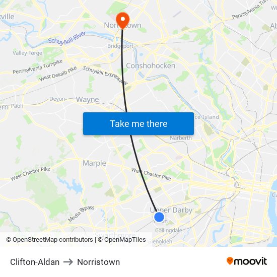 Clifton-Aldan to Norristown map