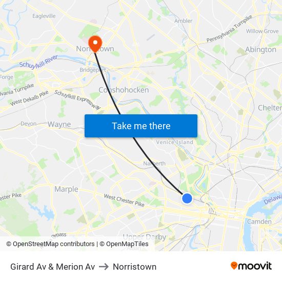 Girard Av & Merion Av to Norristown map