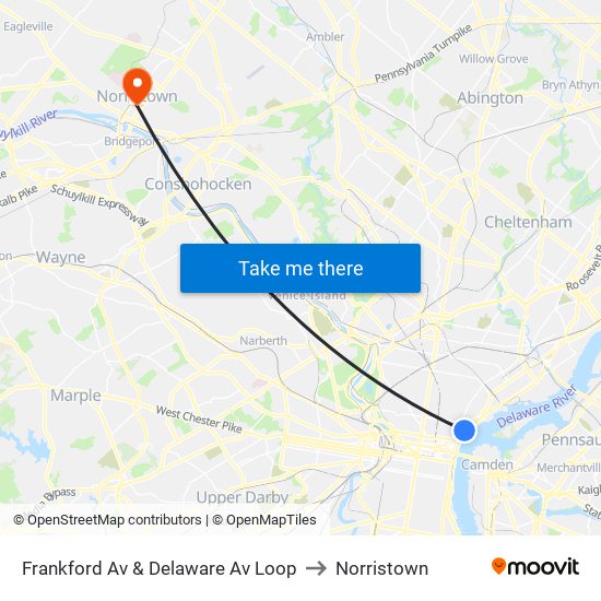 Frankford Av & Delaware Av Loop to Norristown map