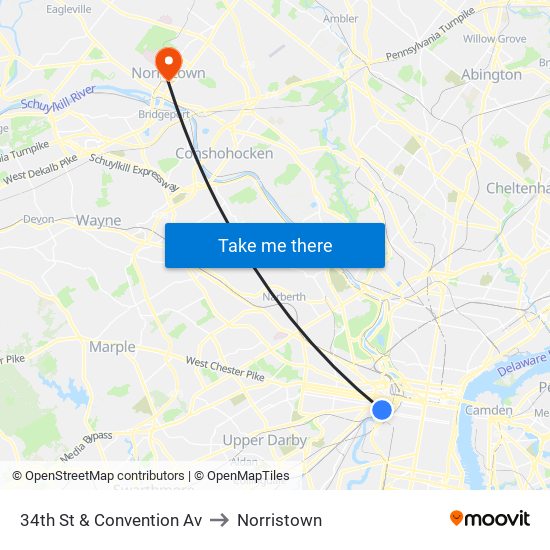 34th St & Convention Av to Norristown map