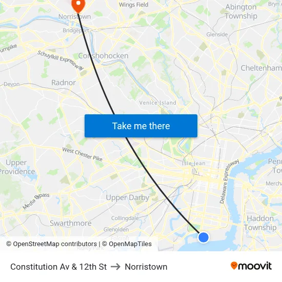 Constitution Av & 12th St to Norristown map