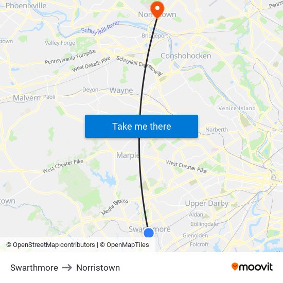 Swarthmore to Norristown map
