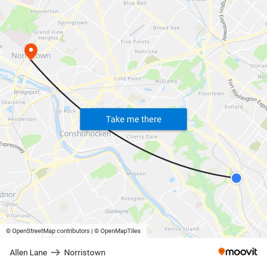 Allen Lane to Norristown map