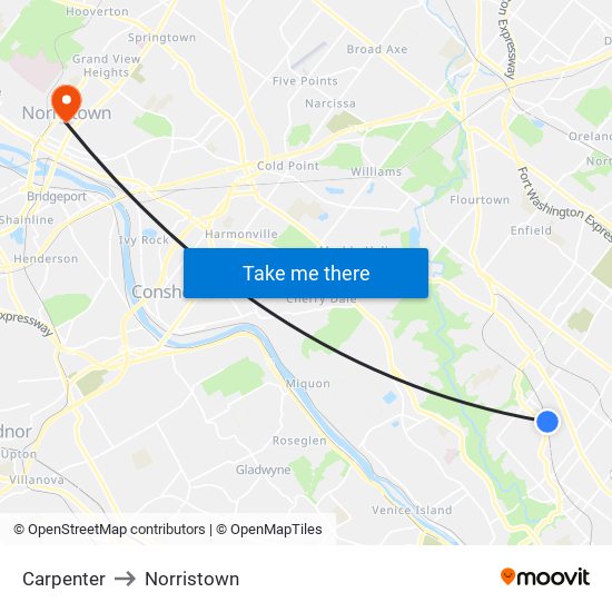 Carpenter to Norristown map