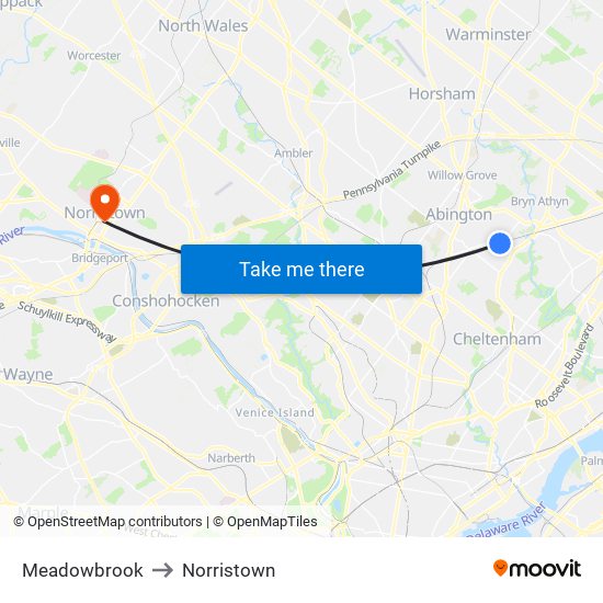 Meadowbrook to Norristown map