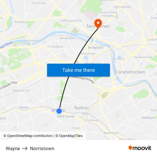 Wayne to Norristown map