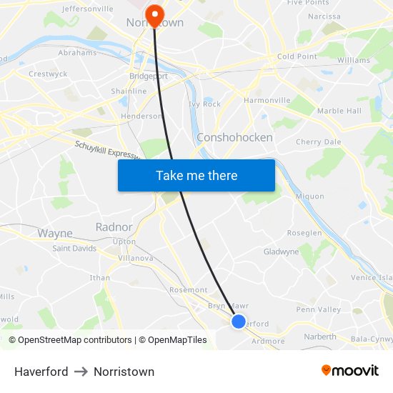Haverford to Norristown map