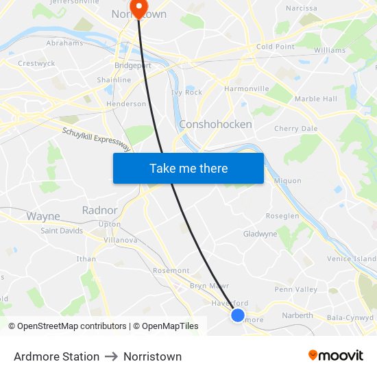 Ardmore Station to Norristown map