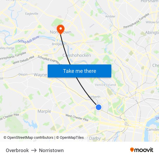 Overbrook to Norristown map