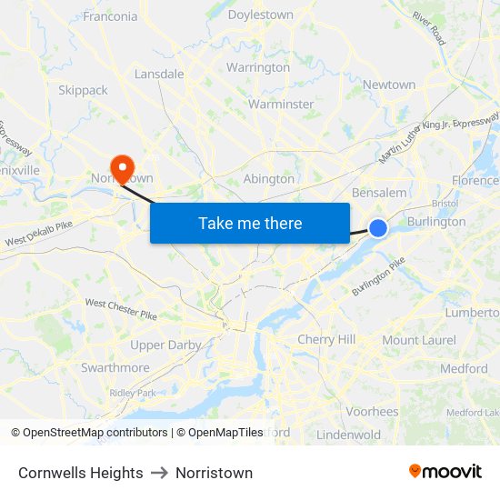 Cornwells Heights to Norristown map