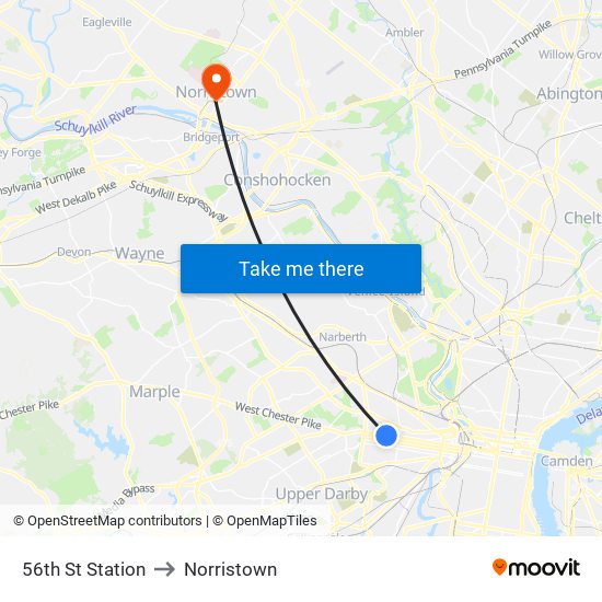 56th St Station to Norristown map