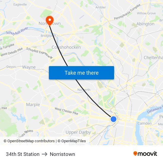 34th St Station to Norristown map