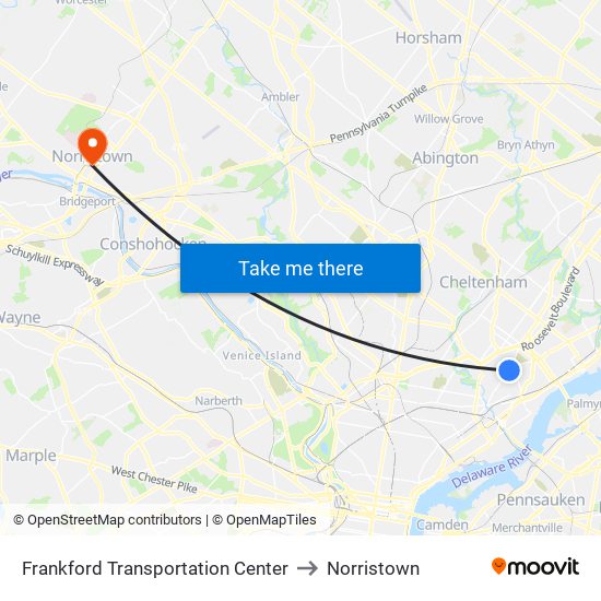 Frankford Transportation Center to Norristown map