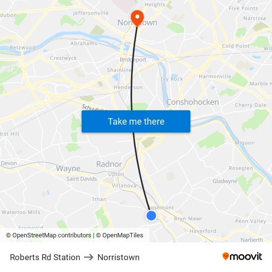 Roberts Rd Station to Norristown map