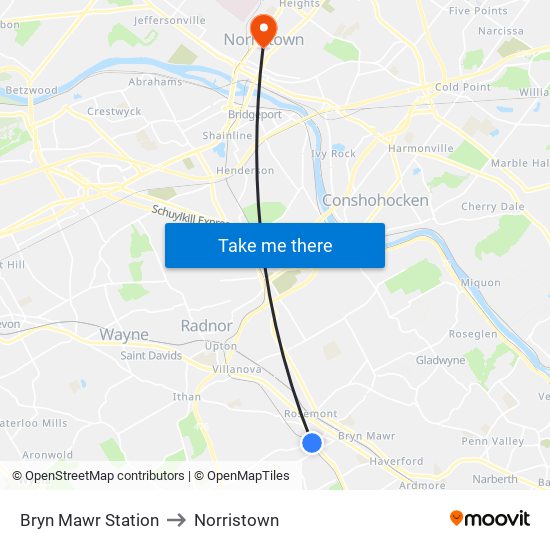 Bryn Mawr Station to Norristown map