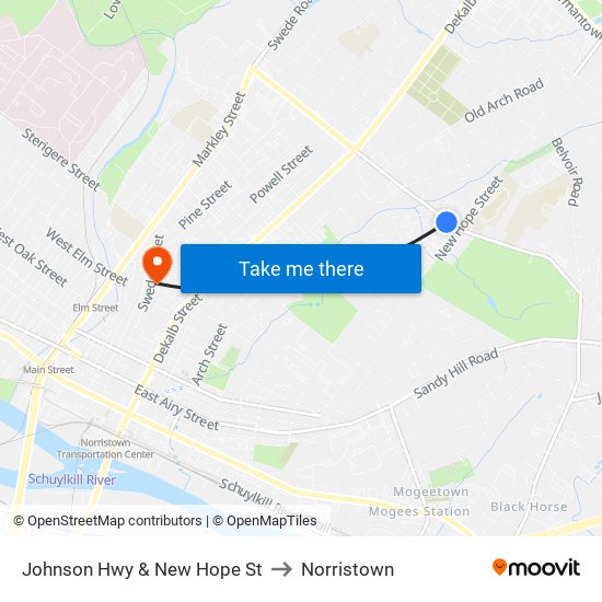 Johnson Hwy & New Hope St to Norristown map
