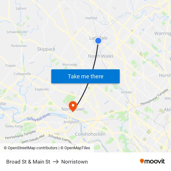 Broad St & Main St to Norristown map