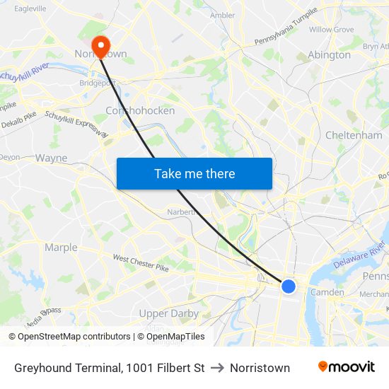 Greyhound Terminal, 1001 Filbert St to Norristown map