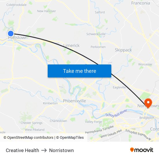 Creative Health to Norristown map