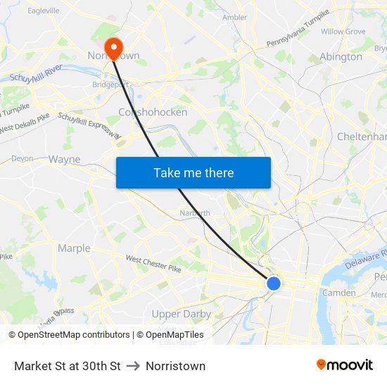 Market St at 30th St to Norristown map