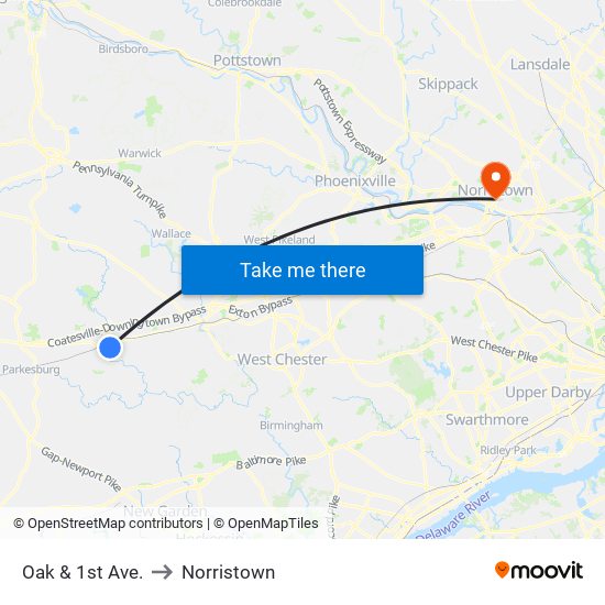 Oak & 1st Ave. to Norristown map