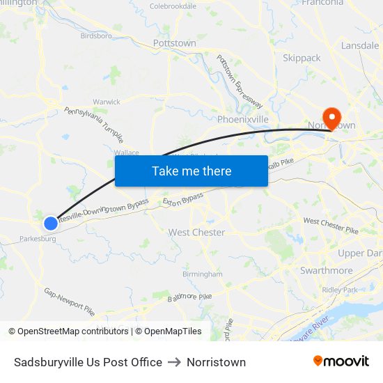 Sadsburyville Us Post Office to Norristown map