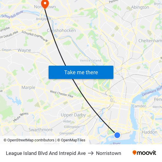 League Island Blvd And Intrepid Ave to Norristown map