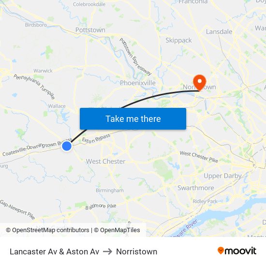 Lancaster Av & Aston Av to Norristown map