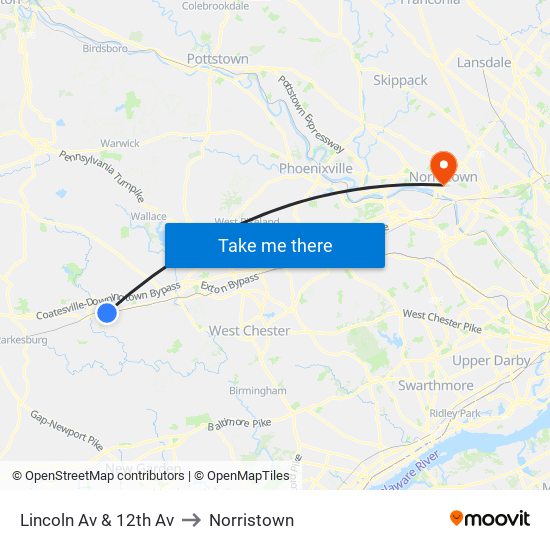 Lincoln Av & 12th Av to Norristown map