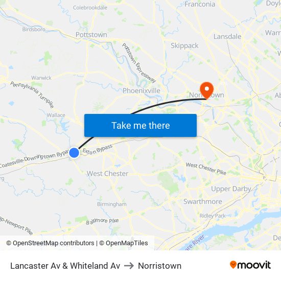 Lancaster Av & Whiteland Av to Norristown map