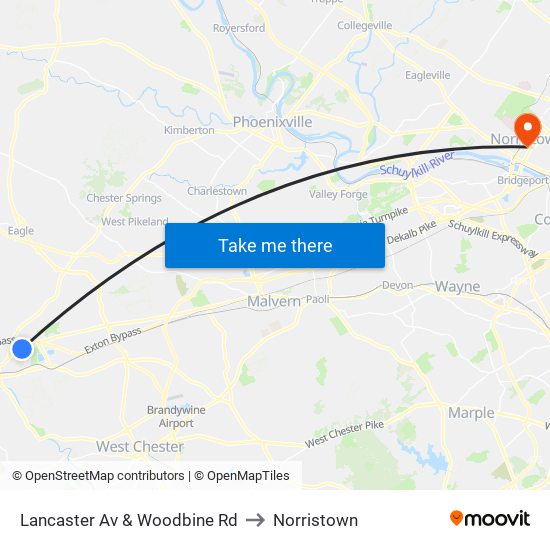 Lancaster Av & Woodbine Rd to Norristown map