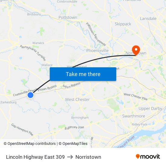 Lincoln Highway East 309 to Norristown map