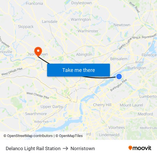 Delanco Light Rail Station to Norristown map