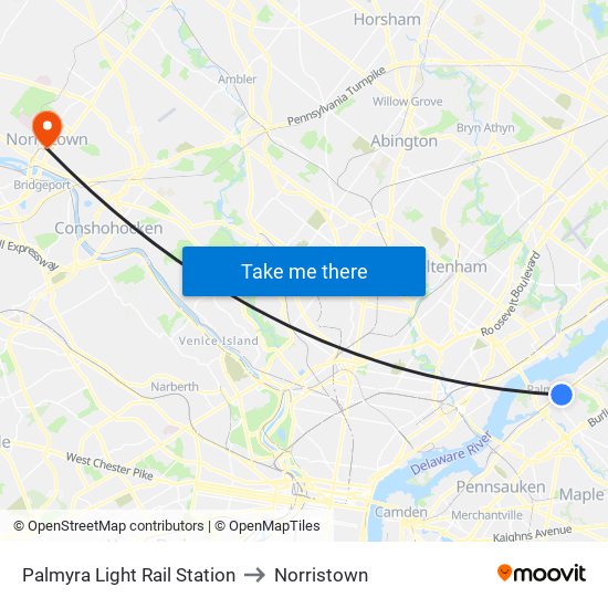 Palmyra Light Rail Station to Norristown map