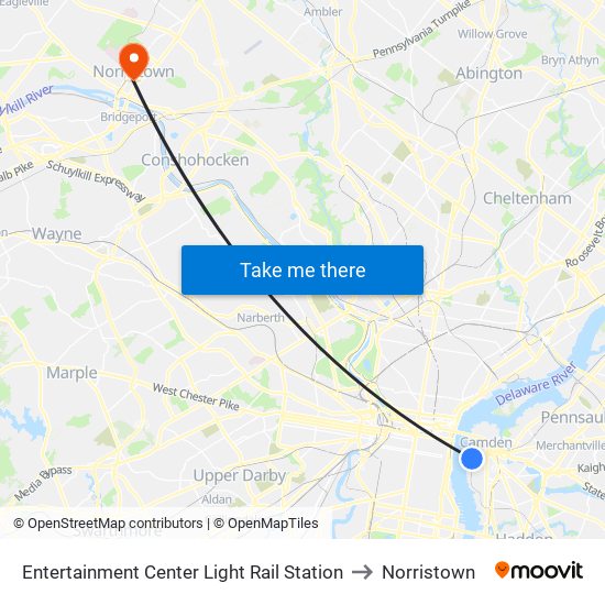 Entertainment Center Light Rail Station to Norristown map