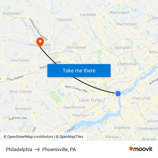 Philadelphia to Phoenixville, PA map