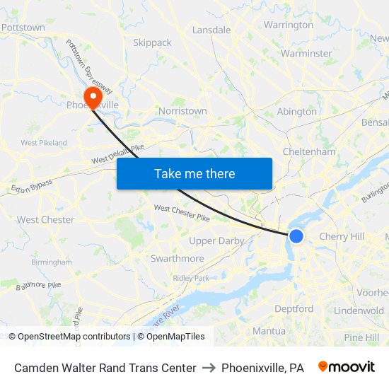 Camden Walter Rand Trans Center to Phoenixville, PA map