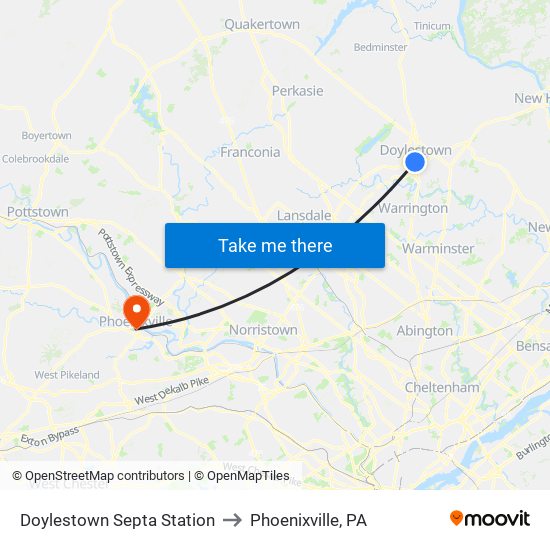Doylestown Septa Station to Phoenixville, PA map