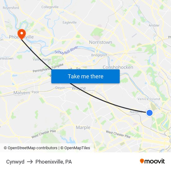 Cynwyd to Phoenixville, PA map