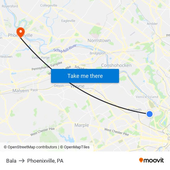Bala to Phoenixville, PA map