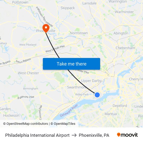 Philadelphia International Airport to Phoenixville, PA map