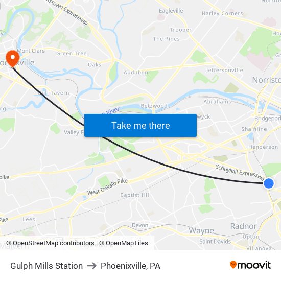 Gulph Mills Station to Phoenixville, PA map