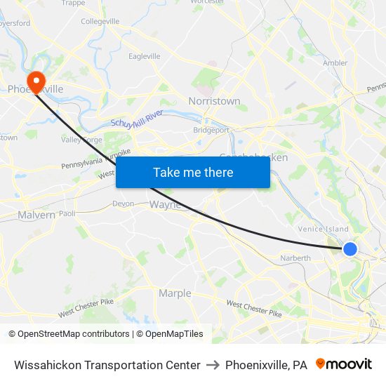 Wissahickon Transportation Center to Phoenixville, PA map