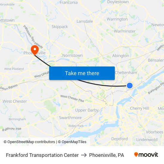 Frankford Transportation Center to Phoenixville, PA map