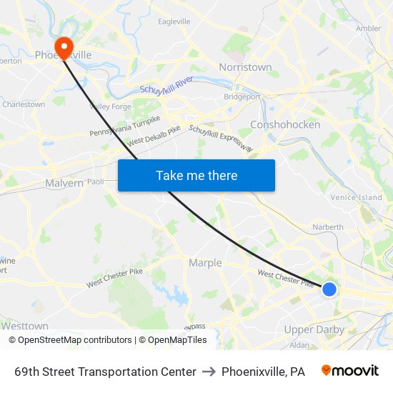 69th Street Transportation Center to Phoenixville, PA map