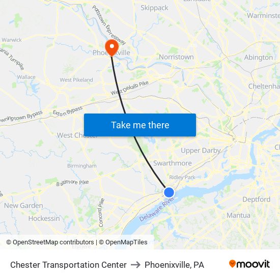 Chester Transportation Center to Phoenixville, PA map
