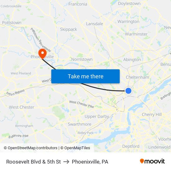 Roosevelt Blvd & 5th St to Phoenixville, PA map