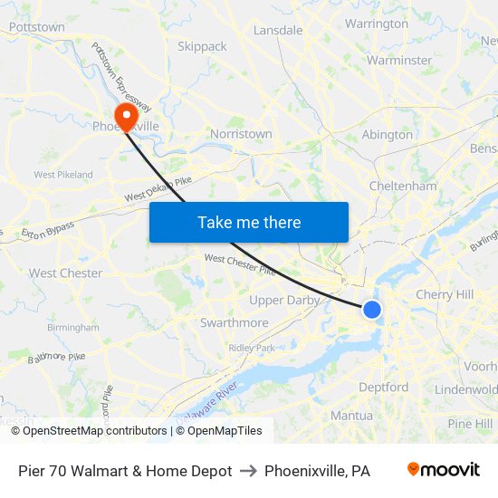 Pier 70 Walmart & Home Depot to Phoenixville, PA map