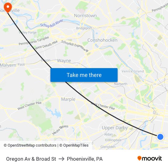 Oregon Av & Broad St to Phoenixville, PA map