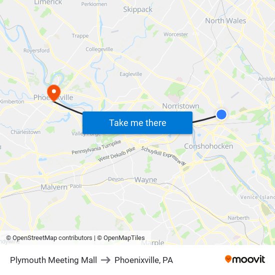 Plymouth Meeting Mall to Phoenixville, PA map